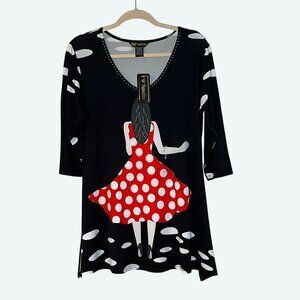 Valentina Black Tunic Woman in Red Polka Dot Dress Graphic 3/4 Sleeve Size Small